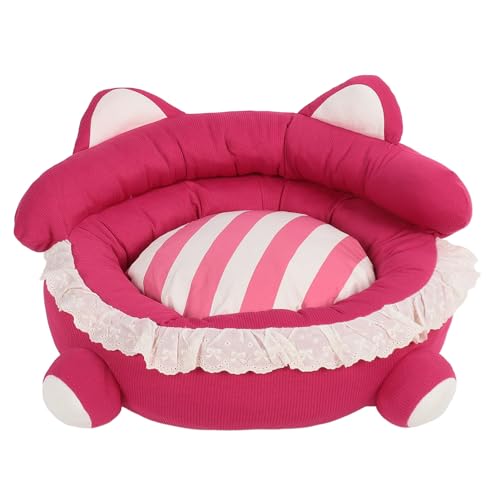 Asixxsix Kleines Hundebett, Rosa, Waschbares, Rundes Donut-Katzen- und Hundekissenbett aus Baumwolle mit Kleinen Pompons und Glöckchen, Spielzeug und Kissen, rutschfeste Unterseite (M) von Asixxsix