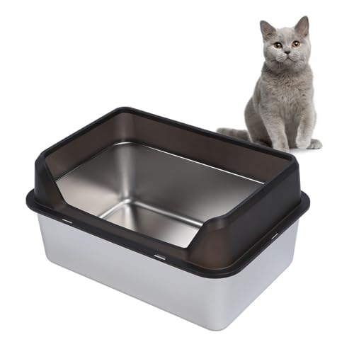 Edelstahl Katzenstreu Box, Top Open und Top Entry Große Katzenstreu Box, Anti Splashing High Sided Katzenstreu Pfanne mit Scoop für kleine, mittlere bis große Katzen (Black) von Asixxsix