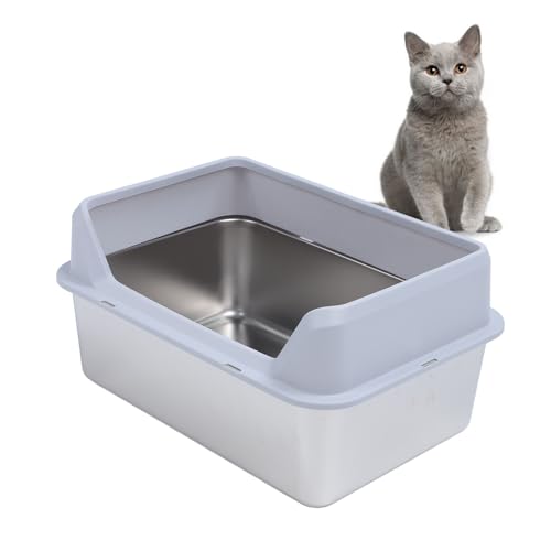 Edelstahl Katzenstreu Box, Top Open und Top Entry Große Katzenstreu Box, Anti Splashing High Sided Katzenstreu Pfanne mit Scoop für kleine, mittlere bis große Katzen (Hellgrau) von Asixxsix