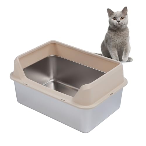 Edelstahl Katzenstreu Box, Top Open und Top Entry Große Katzenstreu Box, Anti Splashing High Sided Katzenstreu Pfanne mit Scoop für kleine, mittlere bis große Katzen (Khaki) von Asixxsix