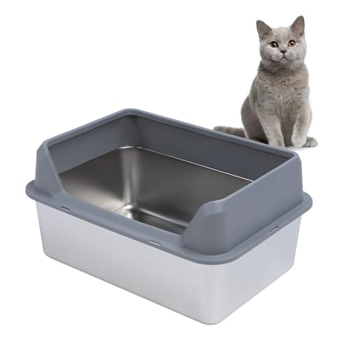 Edelstahl Katzenstreu Box, Top Open und Top Entry Große Katzenstreu Box, Anti Splashing High Sided Katzenstreu Pfanne mit Scoop für kleine, mittlere bis große Katzen (dunkelgrau) von Asixxsix