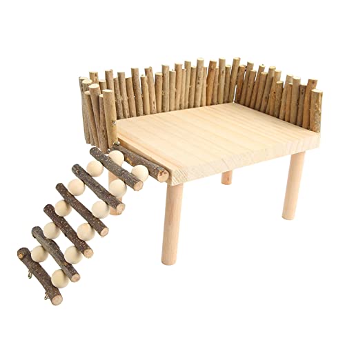 Asixxsix Hamster-Kletterspielzeug, Handgefertigte Hamster-Spielplattform aus Holz mit Zaun, Baumstämmen, Langlebig, Hamsterkäfig-Zubehör für Hamster, Goldbären von Asixxsix