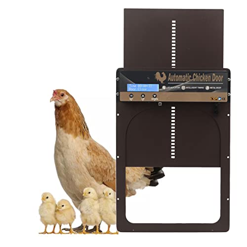 Hühnerstalltür, 3-in-1-HD-LED-Bildschirm, Automatischer Stalltüröffner, Fernbedienung, Elektrische Hühnerstalltür mit Timer und Lichtsensor für Huhn, Ente, Gans, Geflügel (Braun) von Asixxsix