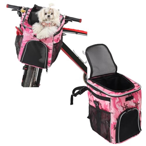 Hunde-Fahrradkorb, Weicher, Belüfteter Hunde-Fahrradträger-Rucksack, Wasserdichter Fahrrad-Haustierträger für Reisen, Katzen- und Hunde-Fahrradkorb, Abnehmbarer (Rosa Camo) von Asixxsix