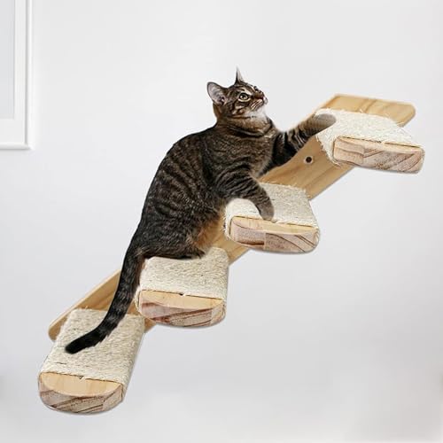 Katzen-Wandregale, Katzenregale und Katzensitzstangen aus Kiefernholz für die Wand, Katzen-Wandstufen und Kratzbrett, Wandmontierte Katzenmöbel aus Holz, Katzen-Kletterregale, (4 von Asixxsix