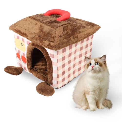 Katzenbetten für Indoor-Katzen, niedliche Cartoon weiche Bequeme Faltbare große Katze Höhle halb eingeschlossen Design tragbare Winter warme Katze Nest Welpenhöhle für kleine (L) von Asixxsix