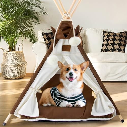 Hunde-Tipi-Haustierzelt, tragbares Hundehaus, Welpen-Tipi, Katzenbett mit weiß-braunem dickem Kissen von Asou