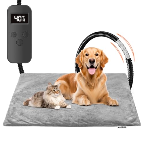 Asstikoo Haustier Heizkissen für Katzen Hunde, einstellbare Hund Heizkissen mit 12 Stufen Timer und 30-55℃ Temperatur, Haustier Heizdecke Electric Pet Heizmatte (L - 45 * 70cm) von Asstikoo