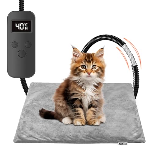 Asstikoo Haustier Heizkissen für Katzen Hunde, einstellbare Hund Heizkissen mit 12 Stufen Timer und 30-55℃ Temperatur, Haustier Heizdecke Electric Pet Heizmatte (M - 45 * 45cm) von Asstikoo