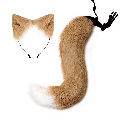 2 Stück Fuchsohren Und Schwanz Set,Asudaro Katzenohren Stirnband Tier Fuchsschwanz Unisex Cosplay Tier Katze Schwanz Und Ohren Haarband Für Cosplay Kostüm Haar Hoop Kopfschmuck Halloween Party Zubehör von Asudaro