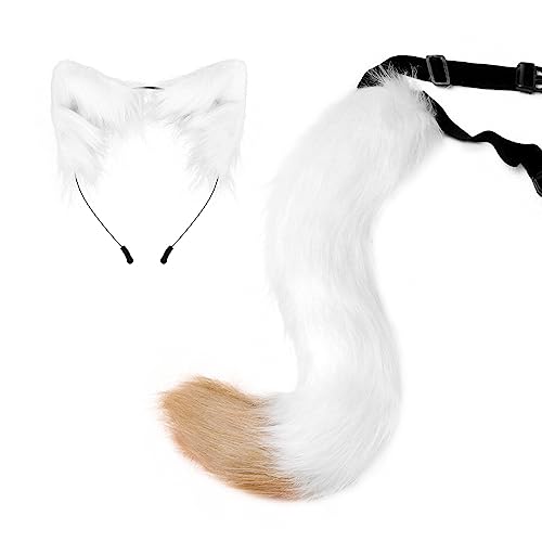 2 Stück Fuchsohren Und Schwanz Set,Asudaro Katzenohren Stirnband Tier Fuchsschwanz Unisex Cosplay Tier Katze Schwanz Und Ohren Haarband Für Cosplay Kostüm Haar Hoop Kopfschmuck Halloween Party Zubehör von Asudaro