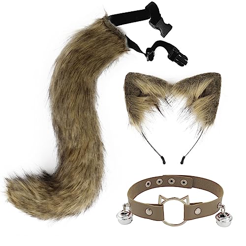 3 Stück Katzenohren Stirnband Schwanz Set,Asudaro Katzenohren Stirnband Tier Fuchs Schwanz Cosplay Kostüm Haarreifen Kopfschmuck Halloween Cosplay Biegbar Lang Tier Fuchs Katze 50cm Typ 12 von Asudaro