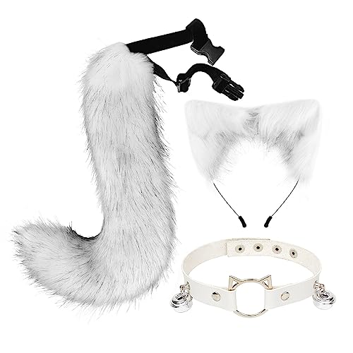 3 Stück Katzenohren Stirnband Schwanz Set,Asudaro Katzenohren Stirnband Tier Fuchs Schwanz Cosplay Kostüm Haarreifen Kopfschmuck Halloween Cosplay Biegbar Lang Tier Fuchs Katze 50cm Typ 4 von Asudaro