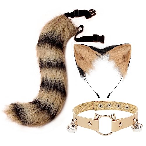 3 Stück Katzenohren Stirnband Schwanz Set,Asudaro Katzenohren Stirnband Tier Fuchs Schwanz Cosplay Kostüm Haarreifen Kopfschmuck Halloween Cosplay Biegbar Lang Tier Fuchs Katze 50cm Typ 7 von Asudaro