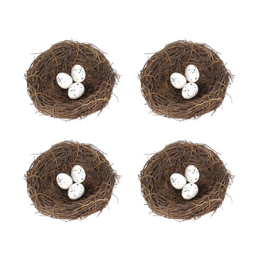 4PCS Rattan Vogelnester, Zcargel 20/15/12/10/8/6cm Ostern Handmade Natural Rattan Vogelnester Faux Vogelnest mit Eiern Osterdekoration für Ostern Party Landschaft Terrasse Dekoration Familie Garten von Asudaro