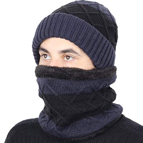 Asudaro Mütze und Schal Set, Winter Dicker Warmer Hut Strickmütze und Schal-Thermosamtfutter Schal Unisex Beanie Hats Neck Warmer Marine von Asudaro