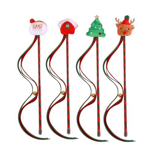 Asukohu 4PCS Katzen Teaser Zauberstab Weihnachten Themed Interaktive Stick Spielzeug Für Katzen Kätzchen Draht Jagen Lustige Pet Katzen Training Tools von Asukohu