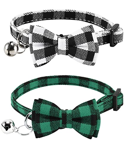 4pcs Halloween Katzenhalsband Halloween Halsband Katze mit Sicherheitsverschluss und Glöckchen mit Schleifchen Fliege Verstellbare Halsband Katze (Schwarz und Weiß + Grün 2Pack) von Asvin