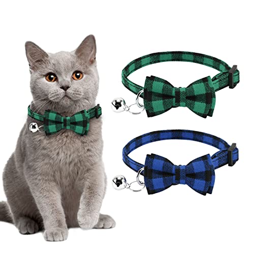 4pcs Halloween Katzenhalsband Halloween Halsband Katze mit Sicherheitsverschluss und Glöckchen mit Schleifchen Fliege Verstellbare Halsband Katze (dunkelblau+grün 2Pack) von Asvin