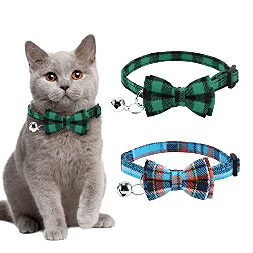 4pcs Halloween Katzenhalsband Halloween Halsband Katze mit Sicherheitsverschluss und Glöckchen mit Schleifchen Fliege Verstellbare Halsband Katze (hellblau + grün 2Pack) von Asvin