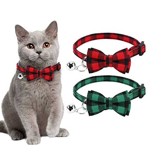 4pcs Halloween Katzenhalsband Halloween Halsband Katze mit Sicherheitsverschluss und Glöckchen mit Schleifchen Fliege Verstellbare Halsband Katze (rot+grün 2Pack) von Asvin