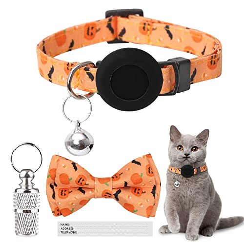 Halloween Katzenhalsband mit AirTag-Halterun,Halloween Halsband Katze Halsband Katze mit Glocke ,Verstellbar Katzenhalsband für Mädchen Jungen Kätzchen Welpen (Orange) von Asvin