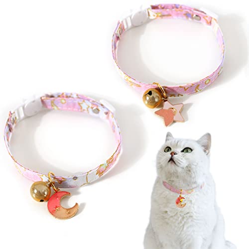 Katzenhalsband, Schnellverschluss, Kätzchenhalsband, Mond und Stern, verstellbar, mit Glocke für Katzen, Kätzchen, Rosa, 2 Stück von Aswewamt