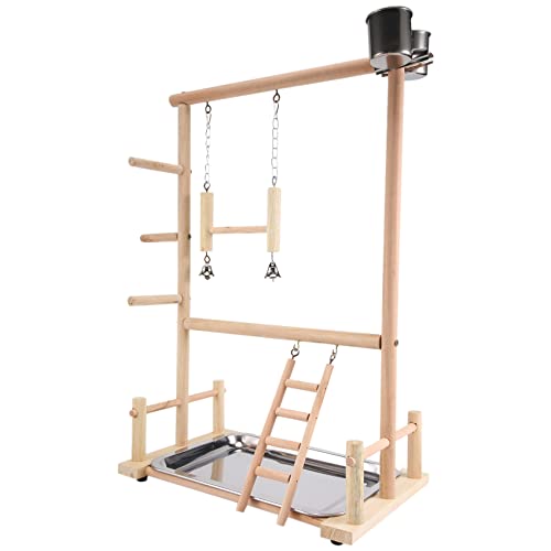 Asyduey Papageien-Spielplatz, Naturholz Papagei Barsch Gym Play Stand Sittich-Leitern mit Feeder Cups und Spielzeug ÜBungsspiel von Asyduey