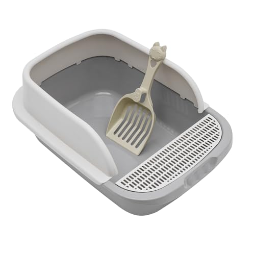 Litter Box Katzenklo mit hohen Rändern Katzenpflege Box Selbstreinigende Anti-Spritz Halbgeschlossene Katzentoilette Grau Katzenstreu-Schale mit Schaufel von Atnhyruhd