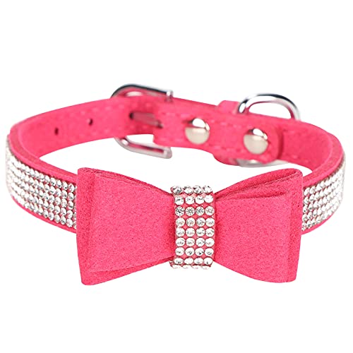 Hunde Katze Halsbänder, Welpen Halsbänder Kristall Hunde Halsband mit Fliege Wildleder Mikrofaser Doppel Bowknot Crystal Sparkle Pet Supply[Rose Red XS] Geschirre, Halsbänder & von Atyhao