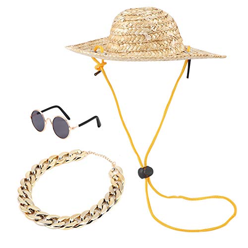 Katzen halsband Set, coole Haustier Hund Katzen kostüm Sonnen brille und Gold ketten halsband Haustier Mode Sonnen brille Retro Stroh hut halsband Katzen halskette Haustier Fotografie Zubehör(3 Stk) von Atyhao