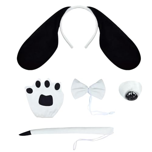 Aublinto Hundeohren Stirnband und Handschuhe Hundenase Fliege Hundeohren Kopf Accessoire Hundeschwanz Tierhaarreif Hundeohren Haarband für Kinder Halloween Rollenspiele Halloween Schwarz-Weiß von Aublinto