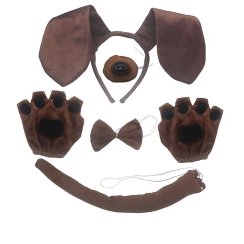 Aublinto Hundeohren-Stirnband und Handschuhe Hundenase Fliege Hundeohren Kopf-Accessoire Hundeschwanz Tierhaarreifen Hundeohren Haarband für Kinder Halloween Rollenspiele Halloween Kaffee von Aublinto