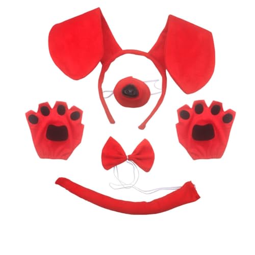 Aublinto Hundeohren-Stirnband und Handschuhe Hundenase Fliege Hundeohren Kopf-Accessoire Hundeschwanz Tierhaarreifen Hundeohren Haarband für Kinder Halloween Rollenspiele Halloween Rot von Aublinto