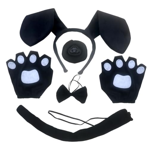 Aublinto Hundeohren-Stirnband und Handschuhe Hundenase Fliege Hundeohren Kopf-Accessoire Hundeschwanz Tierhaarreifen Hundeohren Haarband für Kinder Halloween Rollenspiele Halloween Schwarz von Aublinto