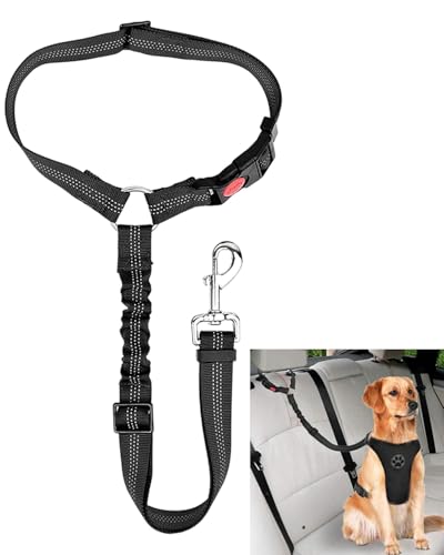 3-in-1 Hundegurt fürs Auto, Universal Schwarz Hundeanschnaller fürs Auto mit Reflektierend Pufferseil und Elastischem Seil, Länge Verstellbar 72-84cm, Geeignet für Kleine, Mittlere & Große Hunde von Aucaer