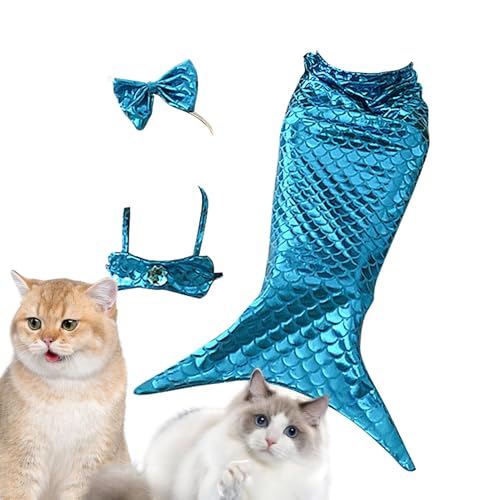Aufquwk Meerjungfrau-Kostüm für Katzen,Katzen-Meerjungfrau-Outfit,Hundekleidung mit Schleifen-Stirnband und Neckholder-Oberteil - Kreative Welpenkleidung, Kätzchen-Outfit für kleine Hunde und Katzen von Aufquwk