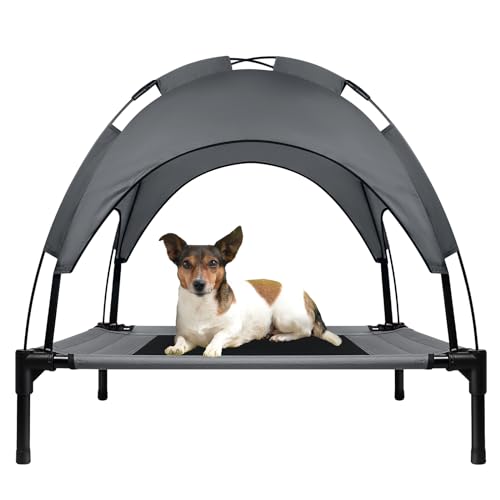 AufuN Hundebett mit Baldachin, L 92 x B 76 x H 92 cm Erhöhtes Haustierbett mit Dach und Eisenrahmen, Hundeliege Garten, Haustier Liegeplatz draußen, Atmungsaktiv, Katzenliege Katzenbett (L) von AufuN