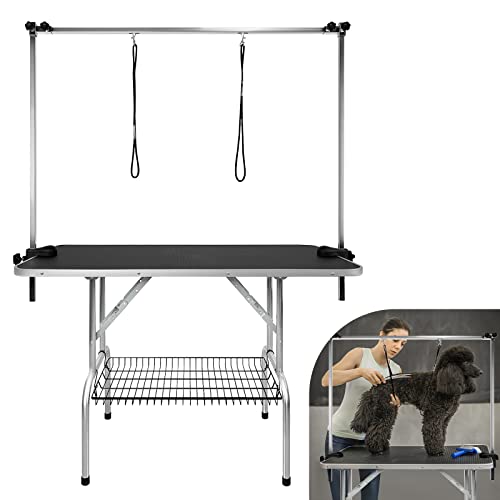 AufuN Trimmtisch für Hunde Schertisch, 113x60x76 cm Stabil Hundepflegetisch mit höhenverstellbarem Galgen und 2 Schlingen, Klappbar, Hunde Badetisch, Pudel Fellpflege, bis 100 KG von AufuN