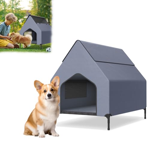 Aufun 2 in 1 Outdoor Hundeliege überdacht, Erhöhte Hundehütte aus Wetterfest Strapazierfähiges Oxford Material mit Mesh Fenster für Hunde bis 40 kg, Hundebett mit abnehmbaren Füßen, 110 x 75 x 93 cm von AufuN