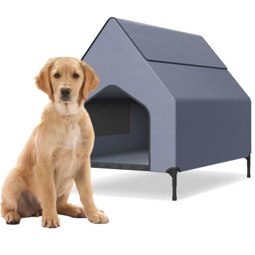 Aufun 2 in 1 Outdoor Hundeliege überdacht, Erhöhte Hundehütte aus Wetterfest Strapazierfähiges Oxford Material mit Mesh Fenster für Hunde bis 40 kg, Hundebett mit abnehmbaren Füßen, 130 x 84 x 104 cm von AufuN