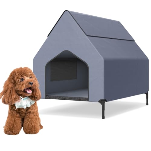 Aufun 2 in 1 Outdoor Hundeliege überdacht, Erhöhte Hundehütte aus Wetterfest Strapazierfähiges Oxford Material mit Mesh Fenster für Hunde bis 40 kg, Hundebett mit abnehmbaren Füßen, 91 x 65 x 86 cm von AufuN