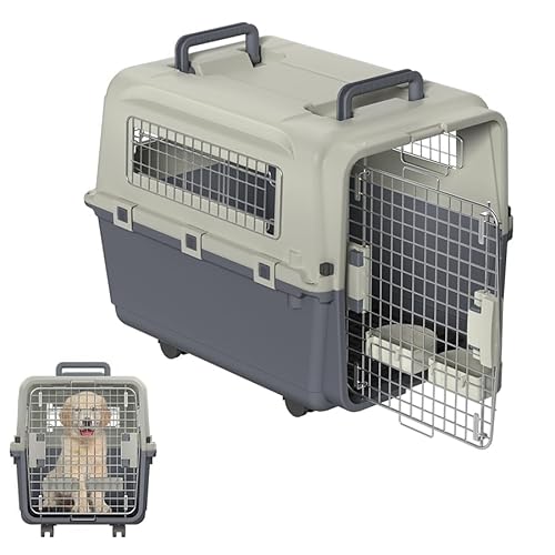 Aufun Hunde Transportbox mit Metall Türen und 4 Räder, Tragetasche für Flugreisen, Starke Griffe und Sicherheitsriegel, Lüftungsgitter, Reisebox für Hunde, Hundetransportbox 67x51x58.5cm von AufuN