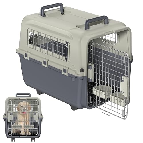 Aufun Hunde Transportbox mit Metall Türen und 4 Räder, Tragetasche für Flugreisen, Starke Griffe und Sicherheitsriegel, Lüftungsgitter, Reisebox für Hunde, Hundetransportbox 80x57x70cm von AufuN