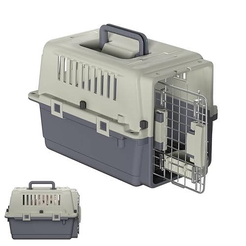 Aufun Hunde oder Katzen Transportbox mit Metall Türen, Tragetasche für Flugreisen, Starke Griffe und Sicherheitsriegel, Lüftungsgitter, Reisebox für Hunde, Hundetransportbox 49.5×33.5×36cm von AufuN