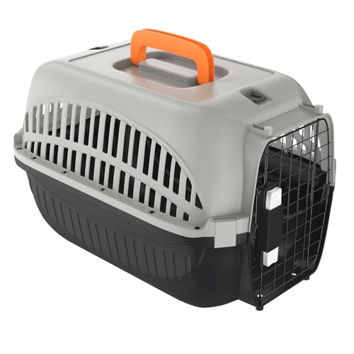 Aufun Hundetransportbox aus Kunststoff mit Metallgitter 48 x 32 x 32cm, Transportbox für kleine Hunde und Katzen, Transport-Box für Tiere mit praktischem Schließsystem & Tragegriff, Grau+Schwarz von AufuN