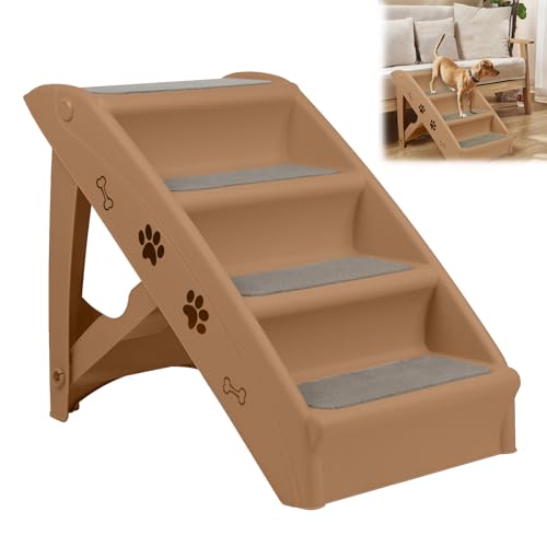 Aufun Hundetreppe 4 stufige Katzentreppe haustiertreppe bis zu 50cm hoch, Faltbare Treppe ideal für kleine & große Hunde, Bett oder Sofa, Katze, Welpe, Möbel für Haustier (Braun, 1 Stück) von AufuN