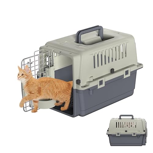 Aufun Katzen Transportbox mit Metall Türen, Tragetasche für Flugreisen, Starke Griffe und Sicherheitsriegel, Lüftungsgitter, Reisebox für Katzen, Katzen transportbox 49.5×33.5×36cm von AufuN