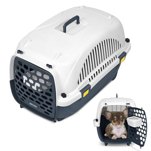 Aufun Transportbox für Haustiere für kleine Hunde und Katzen aus Kunststoff, 61 x 37 x 37 cm Tiertransportbox Hundetransportbox Kann bis zu 10 kg tragen, Vorder-Obentür, Kissen und Napf inklusive von AufuN