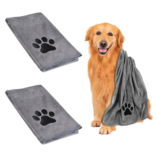 Auirshiky 2 Stück Hundehandtuch Set, Haustier Mikrofaser Handtuch, Schnelltrocknend Extra Saugfähig Handtuch mit gestickten Krallen, geeignet für alle Haustier Katzen und Hunde (grau, 75x35cm) von Auirshiky